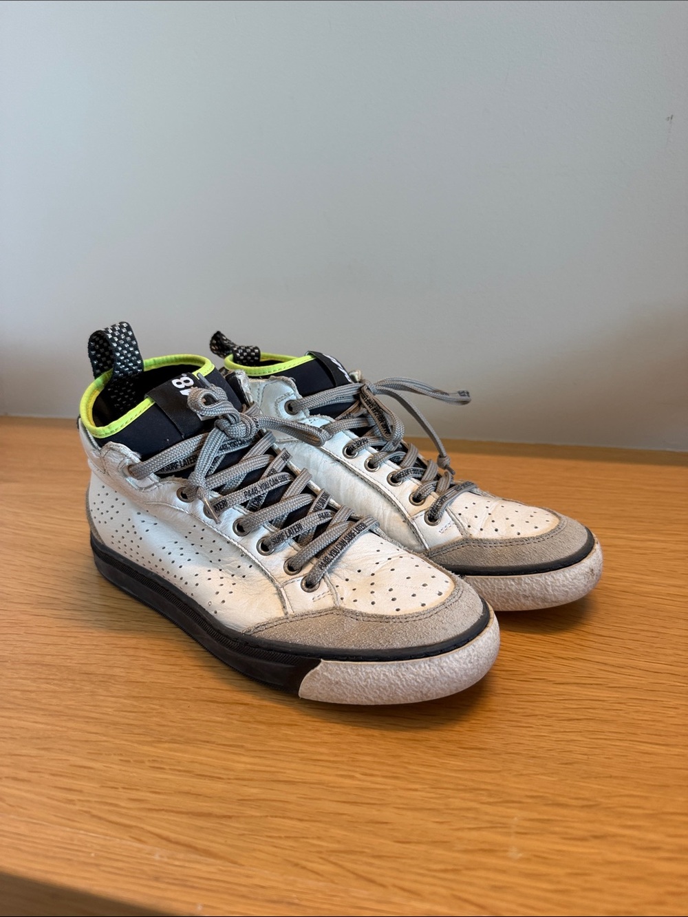 P448 White and Gray High-Top Sneakers with Neon Yellow Trim